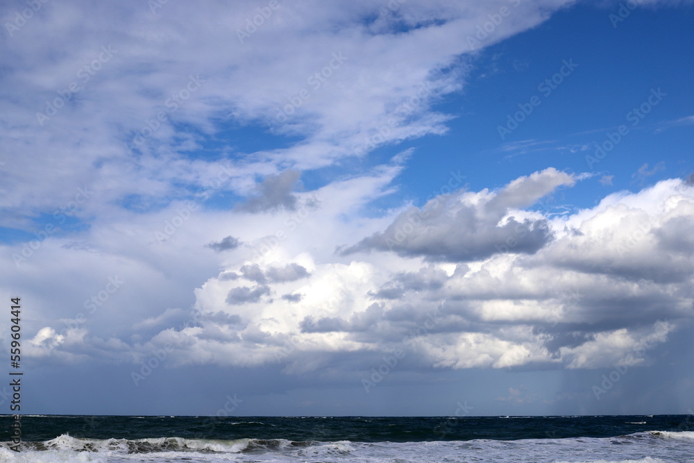 Rain clouds in the sky over the Mediterranean Sea in northern Israel.