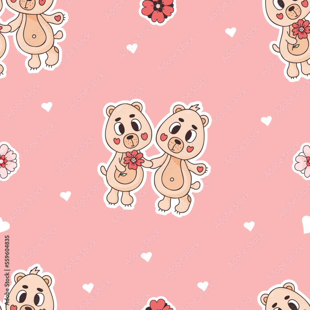 Obraz premium Romantic seamless pattern. Cute enamored bears on pink background with hearts. Vector illustration in doodle style. Endless background for valentines, wallpapers, packaging, print.