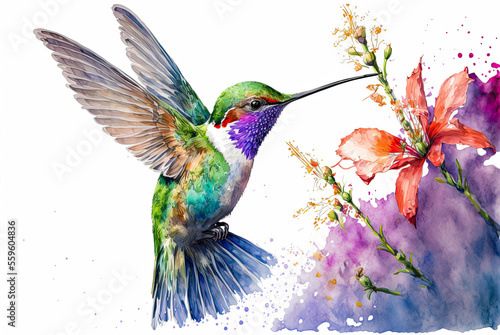 Hummingbird watercolor painting. Generative AI