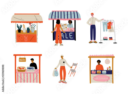 People selling and shopping at walking street set. Summer fair. Market stalls with sellers cartoon vector illustration
