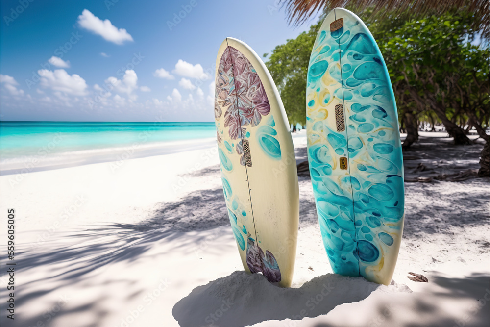 Surfboard on the beach, sun.