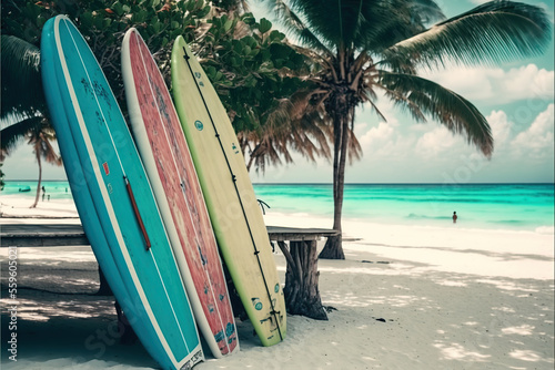 Surfboard on the beach, sun. © Jacques Evangelista