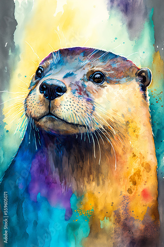 River otter watercolor painting. Generative AI