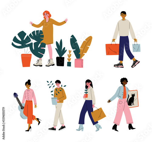 People selling and buying secondhand stuffs at flea market or market fair set cartoon vector illustration