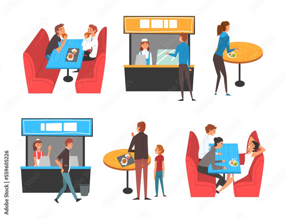 People sitting and eating at fast food restaurant set. Female cashier working at food court in shopping mall or business center cartoon vector illustration