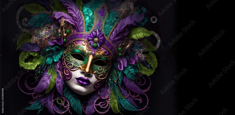 Mardi Gras Mask in Purple, Gold, and Green. 9Generative AI)