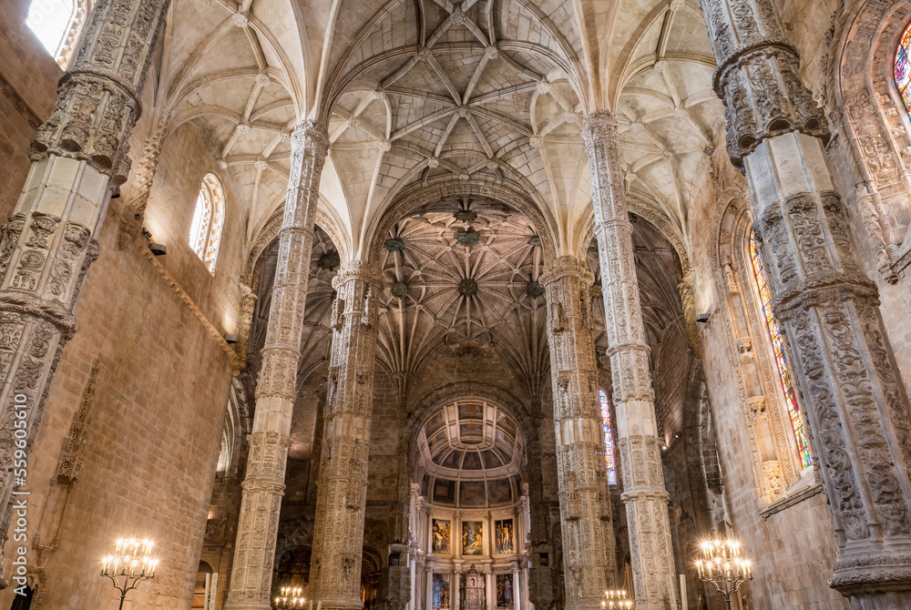 Inner view of the beautiful Mosteiro dos Jeronimos in Lisbon, Portugal