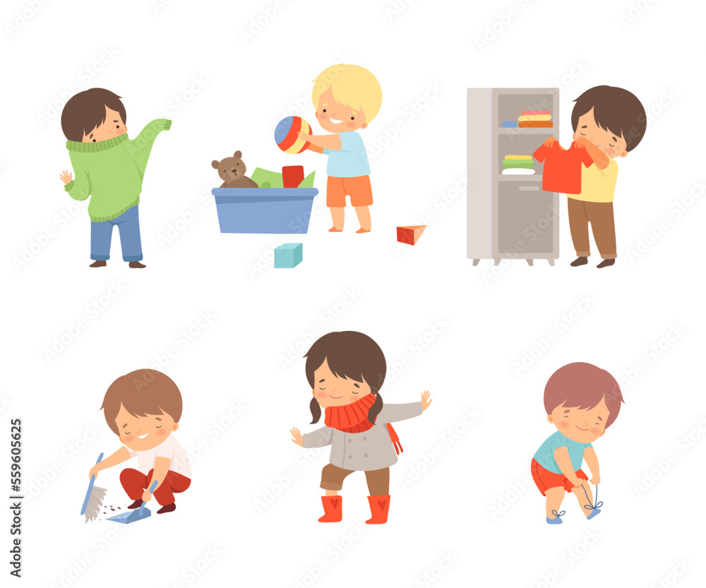 Little independent children set. Boys and girls getting dressed, cleaning up toys, sweeping floor, tying shoelaces cartoon vector illustration
