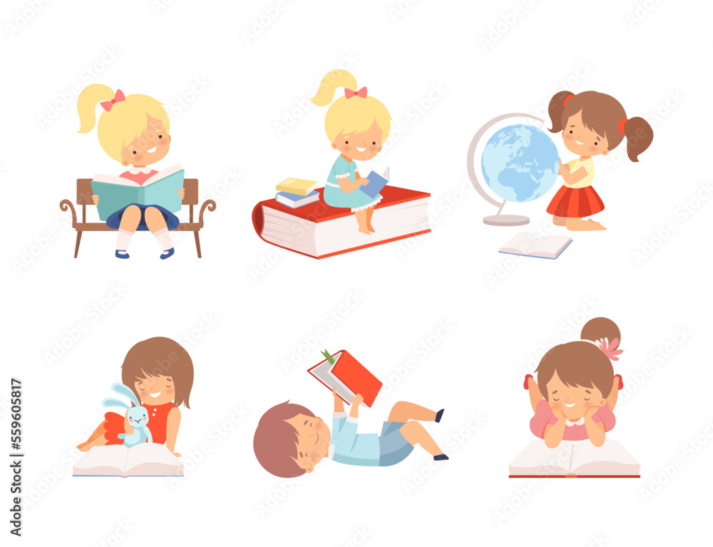 Preschool children reading books set. Cute kids literature fans. Education, hobby concept cartoon vector illustration Preschool children reading books set. Cute kids literature fans. Education, hobby concept cartoon vector illustration
