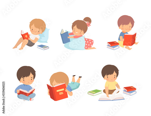Preschool children reading books while lying and sitting on floor set. Cute kids literature fans. Education, hobby concept cartoon vector illustration