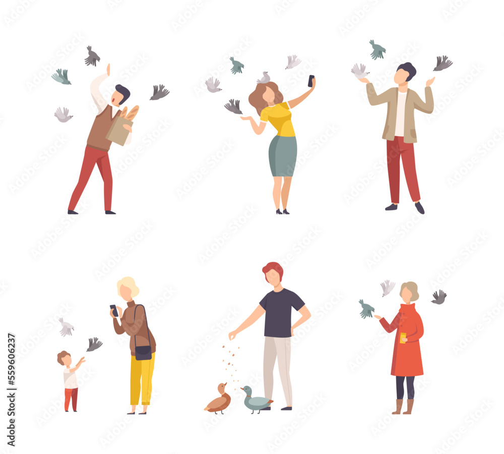 Different people feeding, making selfie with pigeons while walking in park set cartoon vector illustration Different people feeding, making selfie with pigeons while walking in park set cartoon vector illustration