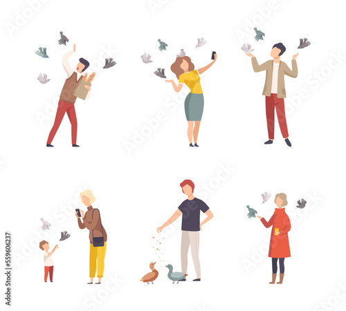 Different people feeding, making selfie with pigeons while walking in park set cartoon vector illustration