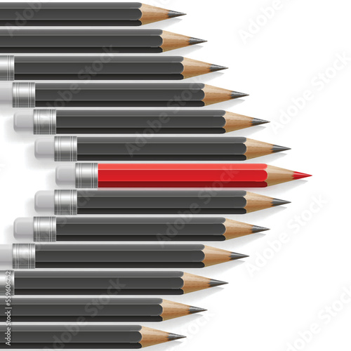 Arrow shape of dark grey pencils with one outstanding red pencil metaphor on white background
