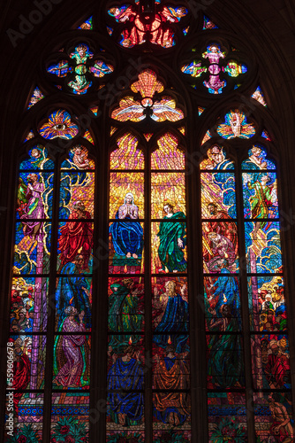 A medieval stained glass window in St. Vitus Cathedral in Prague