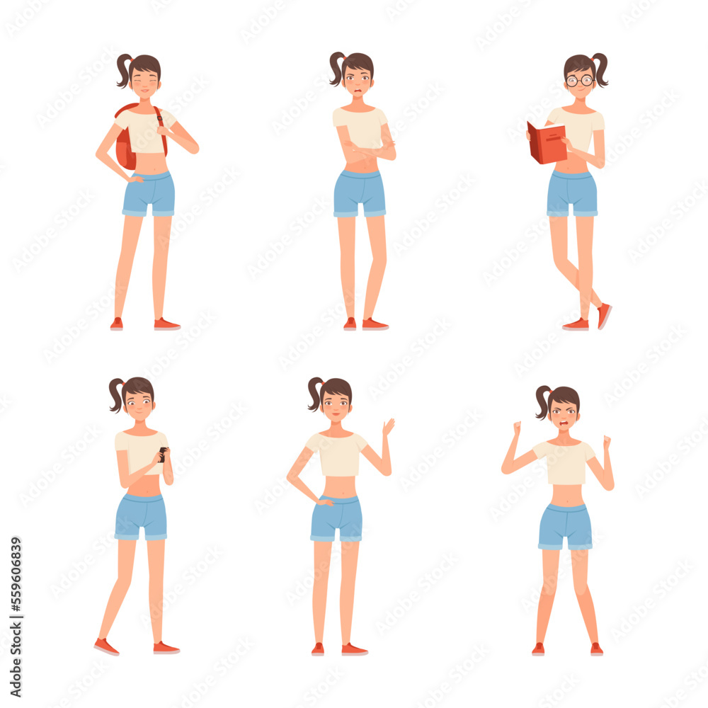 Emotional young woman showing different emotions and gesturing set vector illustration Emotional young woman showing different emotions and gesturing set vector illustration