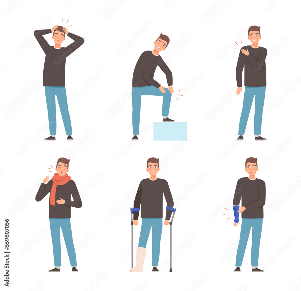 Man feeling pain in body caused by illness or injury set. Man suffering from sore throat, headache, pain in knee, shoulder, arm cartoon vector illustration Man feeling pain in body caused by illness or injury set. Man suffering from sore throat, headache, pain in knee, shoulder, arm cartoon vector illustration