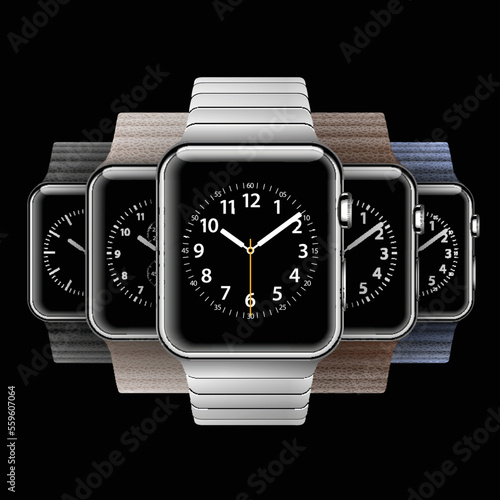Set of 5 modern shiny smart watches with leather loops and steel bracelet isolated on black background