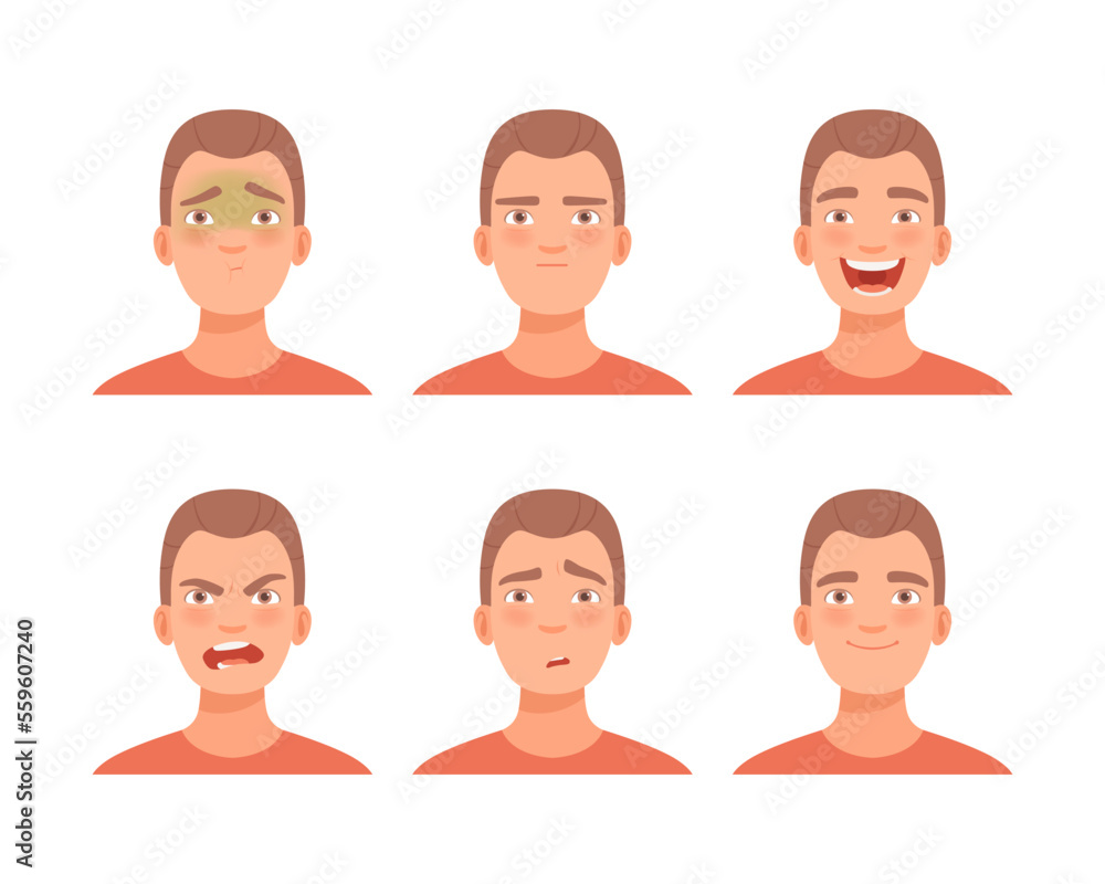 Face expressions of young man set. Male character with sceptic, angry, happy, upset, cheerful face cartoon vector illustration Face expressions of young man set. Male character with sceptic, angry, happy, upset, cheerful face cartoon vector illustration