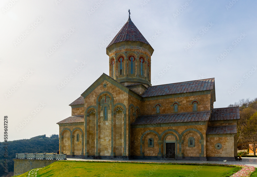 Scenic spring view of Church of St. Nino in Bodbe nunnery, popular pilgrimage site among Orthodox Christians, Kakheti, Georgia