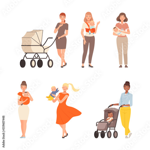Set of cute women with newborn babies. Moms holding babies in their arms and walking with baby stroller cartoon vector illustration