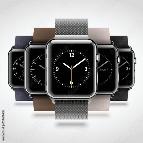 Set of 5 modern steel case smart watches with milanese loop and soft modern buckle isolated on white background