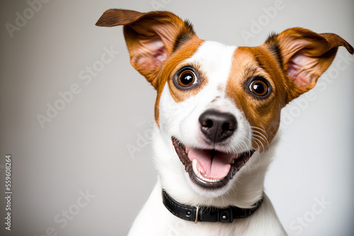 Jack Russell terrier dog with a smile. a happy dog with a large snout on a white backdrop. Studio image. Generative AI © 2rogan
