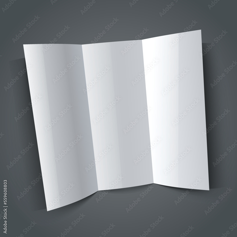 Blank shiny paper tri-fold brochure mock-up with realistic shadow on dark grey background
