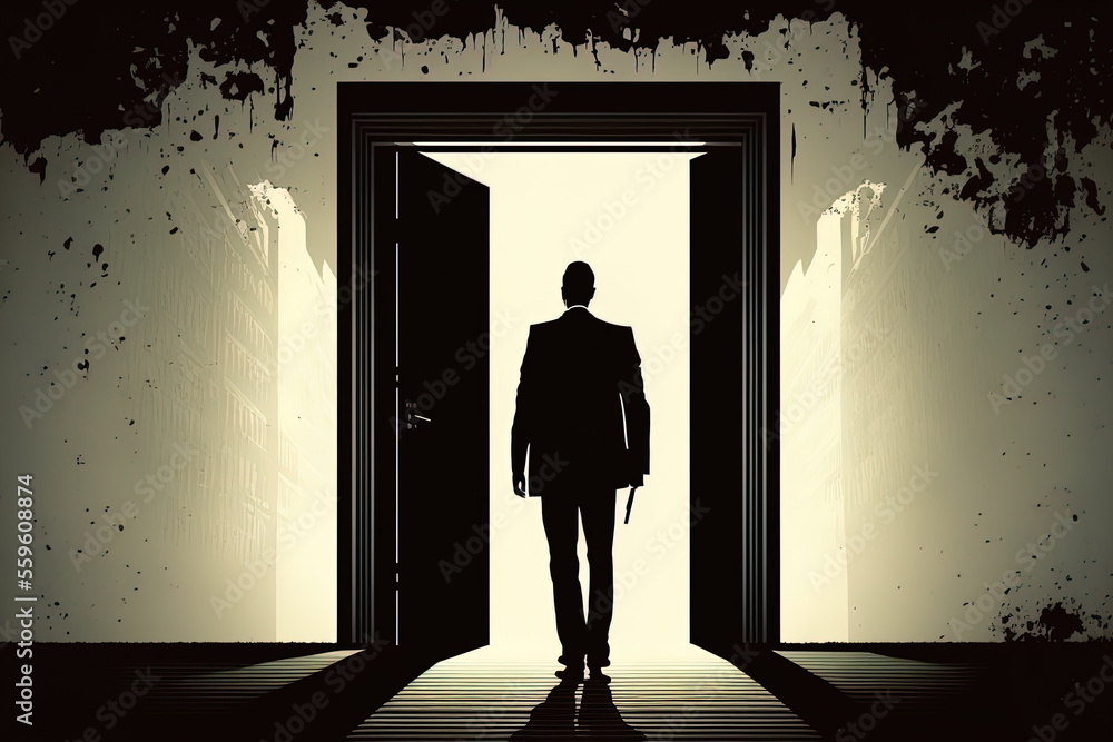 Businessman exiting a large, well lit building via a surreal door design. Opportunity and selection, commercial openings, hope and dream. good methods. Generative AI