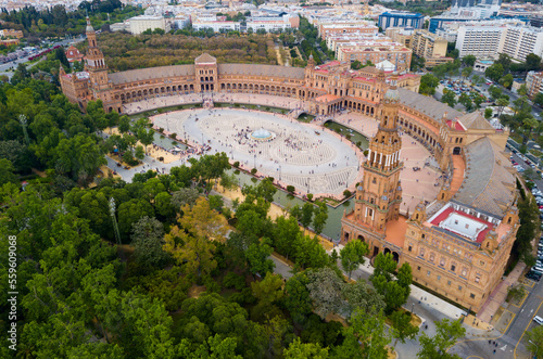 Panoramic view of palace and Spain square (Plaza de Espana) in Seville, Spain