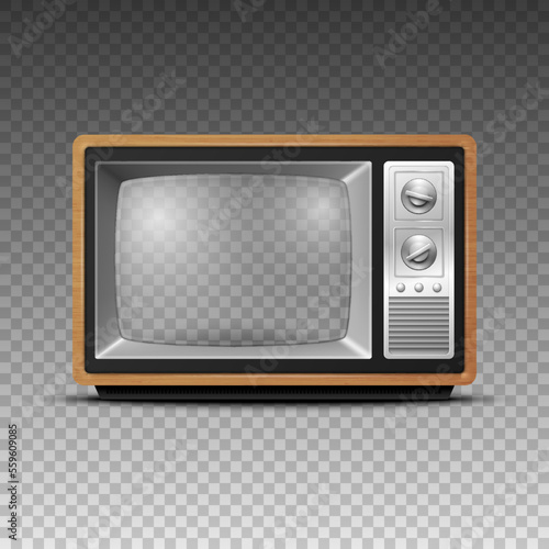 Vector 3d Realistic Brown Wooden Retro TV Receiver with Transparent Screen Isolated. Home Interior Design Concept. Vintage TV Set, Television, Front View