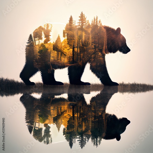 bear on the river double exposure within forest