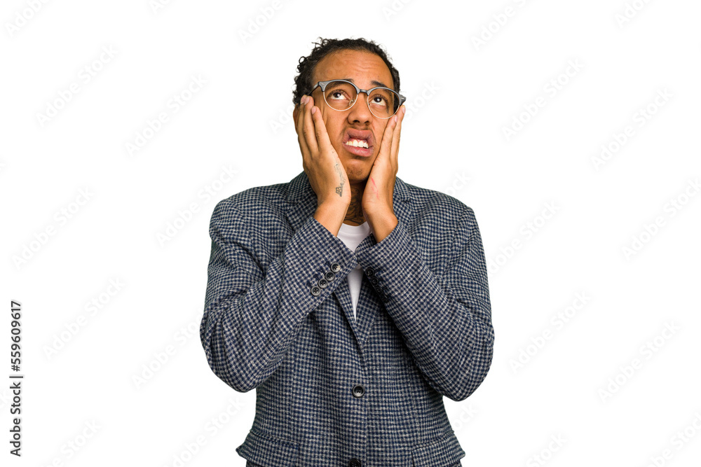 Young African American man isolated whining and crying disconsolately. Young African American man isolated whining and crying disconsolately.