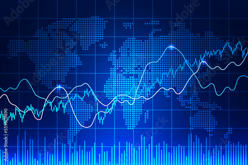 Candlestick chart, line graph and bar chart. World stock market index graph