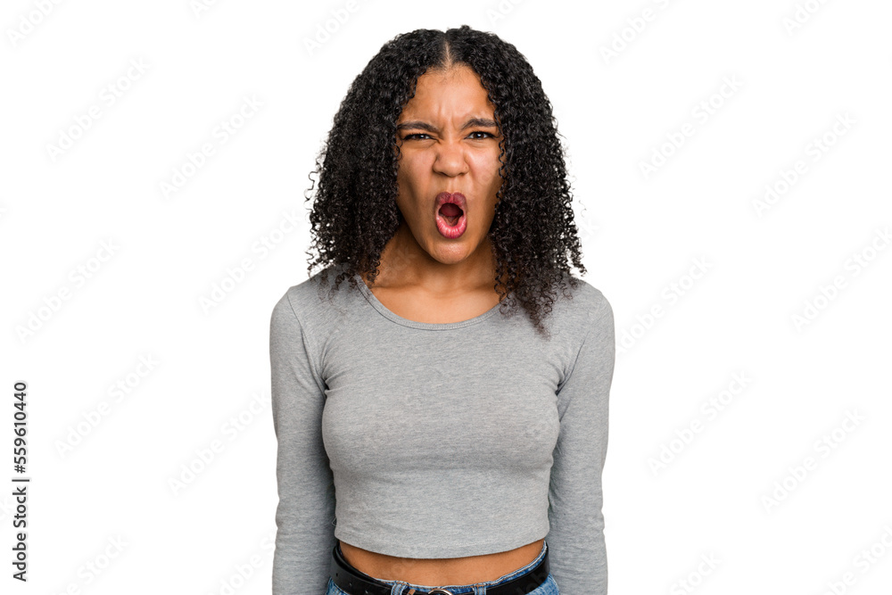 Young african american woman with curly hair cut out isolated shouting very angry, rage concept, frustrated. Young african american woman with curly hair cut out isolated shouting very angry, rage concept, frustrated.