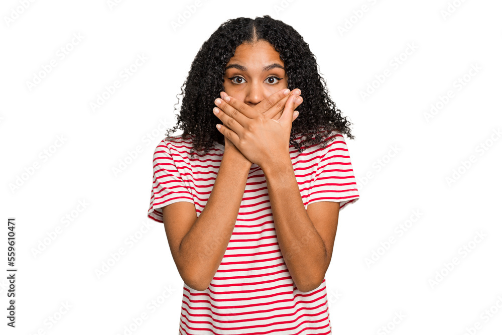 Young african american woman with curly hair cut out isolated shocked covering mouth with hands. Young african american woman with curly hair cut out isolated shocked covering mouth with hands.