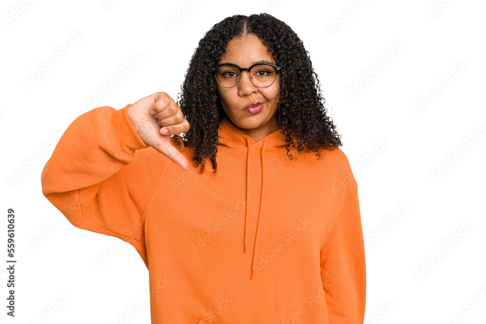 Young african american woman with curly hair cut out isolated showing thumb down, disappointment concept. Young african american woman with curly hair cut out isolated showing thumb down, disappointment concept.