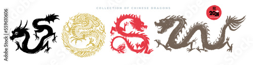 Сollection of Chinese hand drawn dragons. painted with a brush stroke black, gold, red, brown. Traditional Chinese Dragon. Set of asian dragons. Happy Chinese New Year 2024 year. Vector illustration.