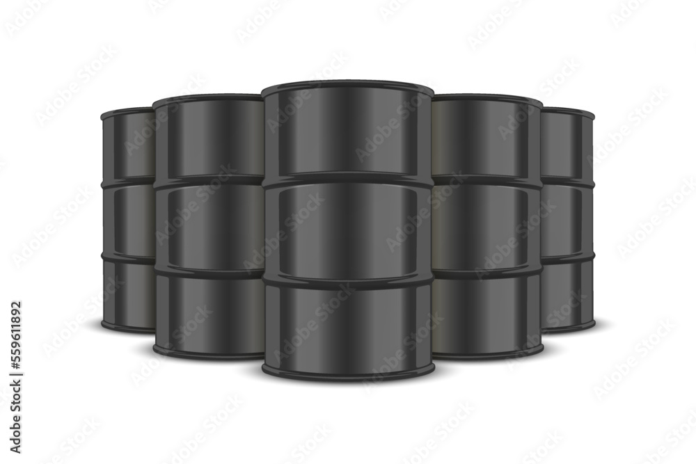 Vector 3d Realistic Five Black Barrels, Hazard Liquid. Caution Barrel, Radioactive, Hazardous Chemical Materials, Toxic Pollution, Many Danger Barrels, Set Closeup Isolated. Front View Vector 3d Realistic Five Black Barrels, Hazard Liquid. Caution Barrel, Radioactive, Hazardous Chemical Materials, Toxic Pollution, Many Danger Barrels, Set Closeup Isolated. Front View