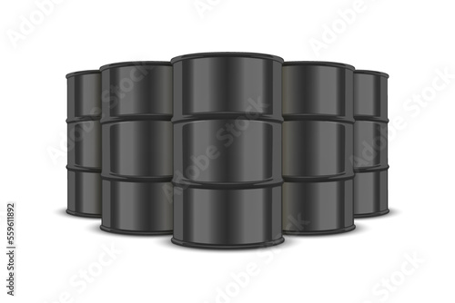 Vector 3d Realistic Five Black Barrels, Hazard Liquid. Caution Barrel, Radioactive, Hazardous Chemical Materials, Toxic Pollution, Many Danger Barrels, Set Closeup Isolated. Front View