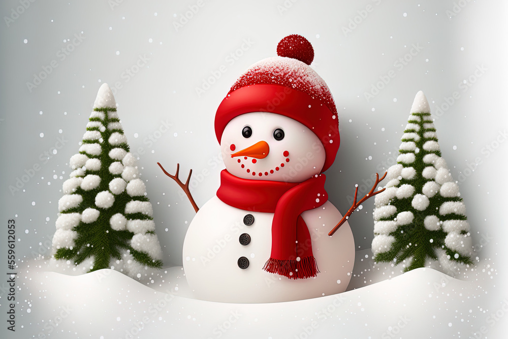 Red snowman on white, fluffy snow. Generative AI