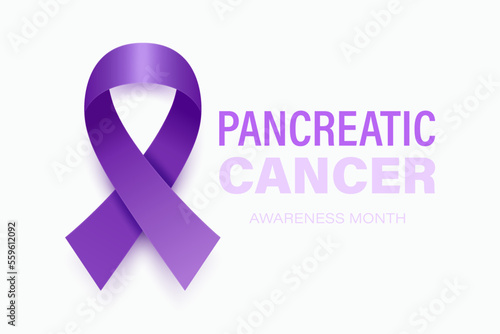 Pancreatic Cancer Banner, Card, Placard with Vector 3d Realistic Purple Ribbon on White Background. Pancreatic Cancer Awareness Month Symbol Closeup. World Pancreatic Cancer Day Concept