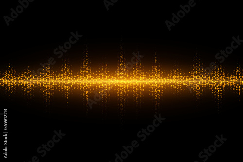 Abstract golden glowing vibrating waves of round particles on black background. Equalizer sound vibrations. Vector illustration