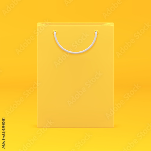 Sale paper shopping bag 3d yellow package retail marketing advertising realistic vector
