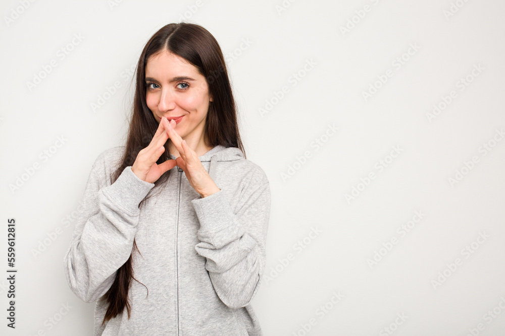 Young caucasian woman isolated on white background making up plan in mind, setting up an idea. Young caucasian woman isolated on white background making up plan in mind, setting up an idea.
