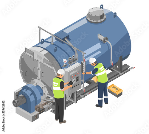 Industrial Boiler Inspection and Maintenance Inspector Engineer and Technician working Duty Factory Machine isometric vector isolated