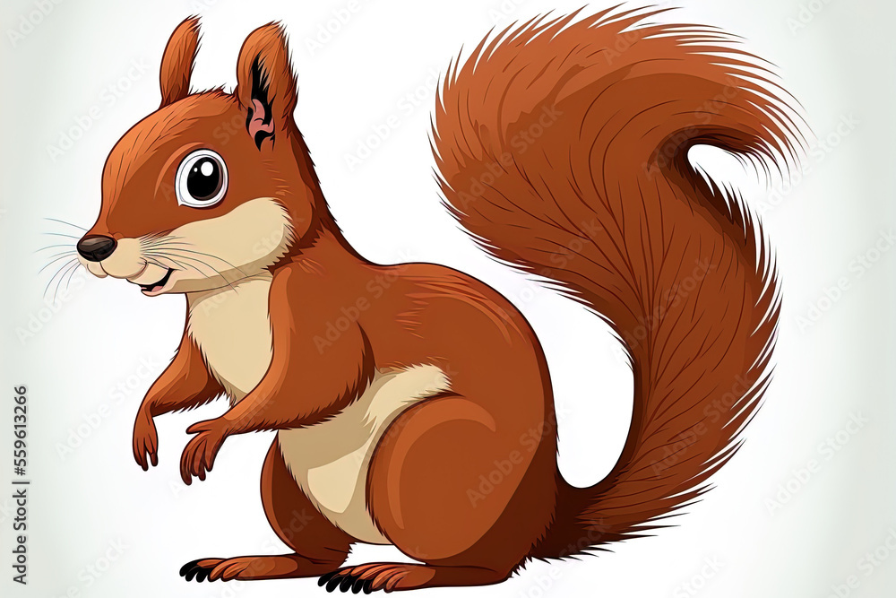 Fototapeta premium On a white backdrop, a sweet cartoon squirrel. Generative AI