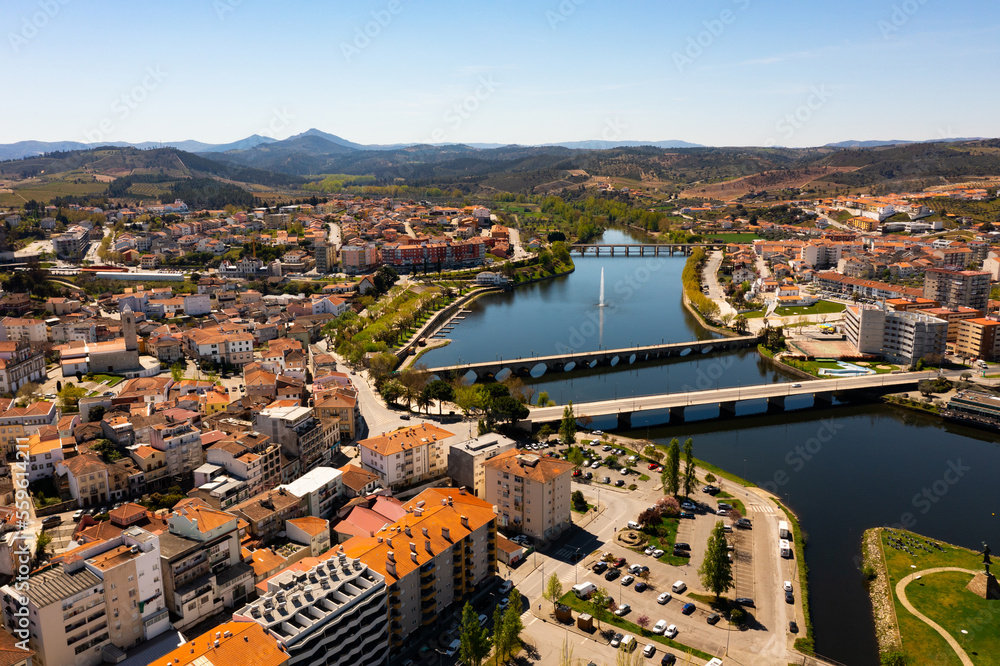 Aerial photo of Mirandela with view of Tua river, Terras de Tras-os-Montes, Portugal.