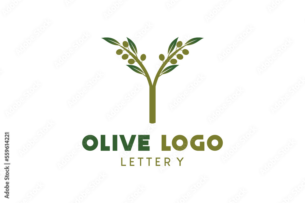 Olive logo design with letter y concept, natural green olive vector illustration - obrazy, fototapety, plakaty 
