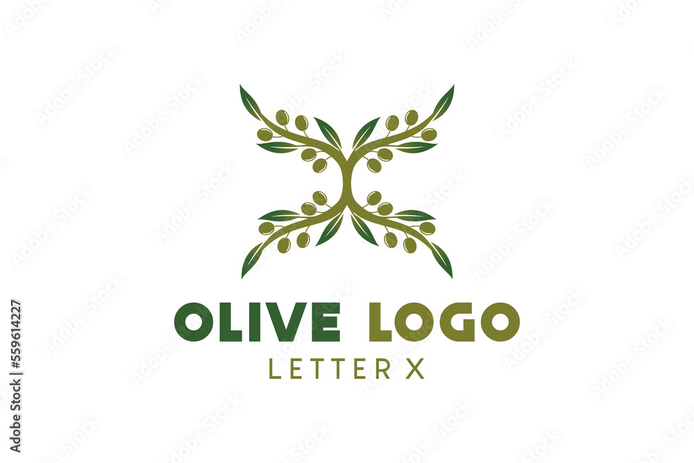 Olive logo design with letter x concept, natural green olive vector illustration