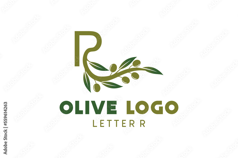 Olive logo design with letter r concept, natural green olive vector illustration Olive logo design with letter r concept, natural green olive vector illustration